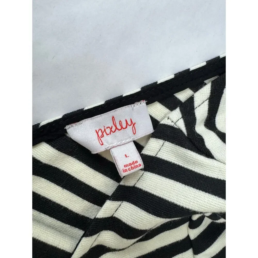 Pixley Kathy Dress Black & Cream Stripes Stretch A-Line Fit & Flare V-Back Large